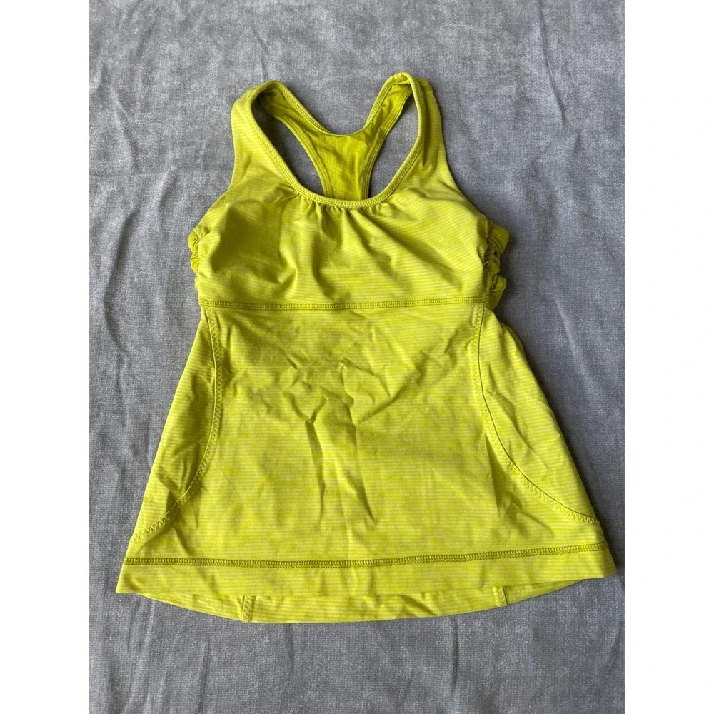 Lululemon Lime Green Striped Racerback Tank Top with Built-in‎ Bra Cutout Back